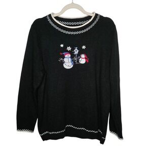 Vintage Carroll Reed‎ Black Christmas Snowman Knit Sweater, Embroidered SZ XL